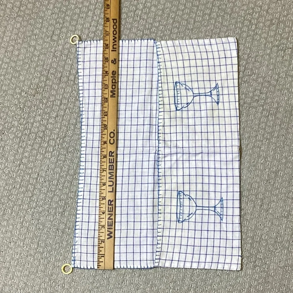 Hand Embroidered Wine Glass Kitchen Towel Barware Blue‎ White Check
